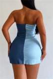 Blue Sexy Patchwork Backless Strapless Wrapped Skirt Dresses