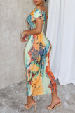 Multicolor Casual Street Daily Elegant Vacation Mixed Printing Printing Contrast Off the Shoulder Dresses