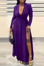 Purple Casual Solid Slit V Neck Long Dress Plus Size Dresses