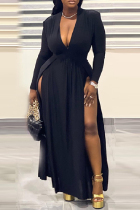 Black Casual Solid Slit V Neck Long Dress Plus Size Dresses