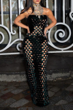 Black Sexy Solid Hollowed Out Patchwork Spaghetti Strap Long Dresses