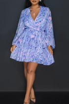 Blue Sexy Print Patchwork V Neck A Line Dresses