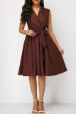 Brown Casual Solid Patchwork Pocket Turndown Collar A Line Dresses