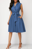 Blue Casual Solid Patchwork Pocket Turndown Collar A Line Dresses