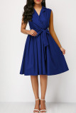 Navy Blue Casual Solid Patchwork Pocket Turndown Collar A Line Dresses