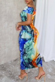 Blue Casual Street Daily Elegant Vacation Mixed Printing Printing Contrast Off the Shoulder Dresses