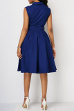 Navy Blue Casual Solid Patchwork Pocket Turndown Collar A Line Dresses