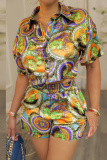 Multicolor Casual Print Buttons Shirt Collar Long Sleeve Two Pieces