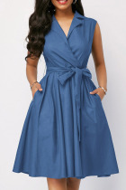 Blue Casual Solid Patchwork Pocket Turndown Collar A Line Dresses