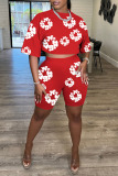 Red Casual Print Basic O Neck Half Sleeve Two Pieces