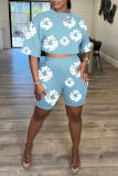 Sky Blue Casual Print Basic O Neck Half Sleeve Two Pieces