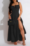 Yellow Casual Solid Frenulum Backless Spaghetti Strap Long Dresses