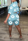 Sky Blue Casual Print Basic O Neck Half Sleeve Two Pieces