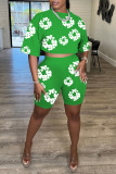 Green Casual Print Basic O Neck Half Sleeve Two Pieces