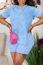 Light Blue Casual Solid Basic O Neck Short Sleeve Two Pieces