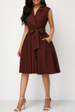 Brown Casual Solid Patchwork Pocket Turndown Collar A Line Dresses