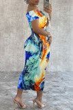 Blue Casual Street Daily Elegant Vacation Mixed Printing Printing Contrast Off the Shoulder Dresses