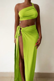 Green Sexy Solid Frenulum Backless Slit Oblique Collar Sleeveless Two Pieces