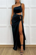 Black Sexy Solid Frenulum Backless Slit Oblique Collar Sleeveless Two Pieces