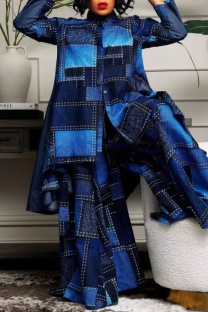 Blue Casual Print Patchwork Asymmetrical Turndown Collar Long Sleeve Two Pieces