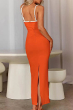Orange Red Sexy Casual Patchwork Backless Slit Contrast Spaghetti Strap Sling Dresses