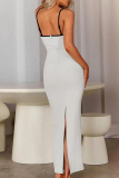 White Sexy Casual Patchwork Backless Slit Contrast Spaghetti Strap Sling Dresses