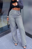 Black Casual Striped Print Patchwork Regular High Waist Conventional Full Print Trousers