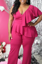Rose Red Casual Solid Patchwork V Neck Plus Size Two Pieces