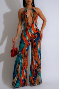 Blue Sexy Casual Street Daily Elegant Vacation Mixed Printing Printing Contrast Regular Jumpsuits