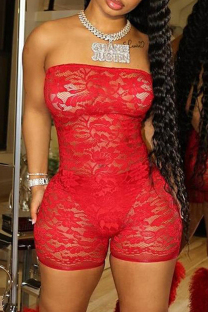 Red Sexy Solid Patchwork Strapless Skinny Rompers