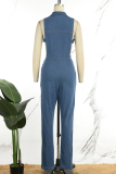 Baby Blue Sexy Casual Solid Hollowed Out Turndown Collar Regular Jumpsuits