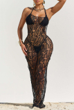 Black Sexy Solid Bandage Hollowed Out Patchwork 3 Piece Sets