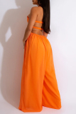Orange Sexy Casual Solid Frenulum Backless Halter Regular Jumpsuits