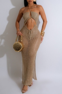 Khaki Sexy Solid Bandage Hollowed Out See-through Backless Slit Halter Beach Dresses