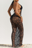 Black Sexy Solid Bandage Hollowed Out Patchwork 3 Piece Sets