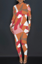 Orange Casual Print Basic Turtleneck Skinny Jumpsuits