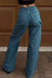 Green Sexy Solid Patchwork Pocket Buttons Zipper Mid Waist Straight Denim Jeans
