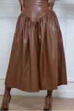 Dark Brown Casual Solid Patchwork Plus Size Skirt
