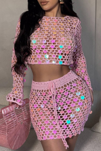 Pink Sexy Sequins Patchwork Swimwears Cover Up(Two Pieces)