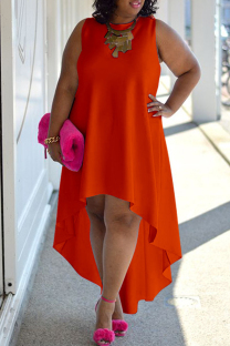 Orange Casual Solid Asymmetrical O Neck Sleeveless Dress Plus Size Dresses