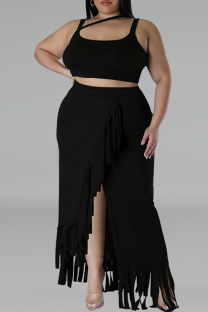 Black Sweet Solid Tassel Hollowed Out Patchwork Slit Asymmetrical Collar Irregular Plus Size Two Pieces