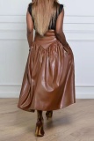 Dark Brown Casual Solid Patchwork Plus Size Skirt