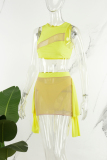 White Sexy Casual Elegant Vacation Patchwork See-through Asymmetrical Sleeveless Two Pieces