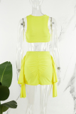 Yellow Sexy Casual Elegant Vacation Patchwork See-through Asymmetrical Sleeveless Two Pieces