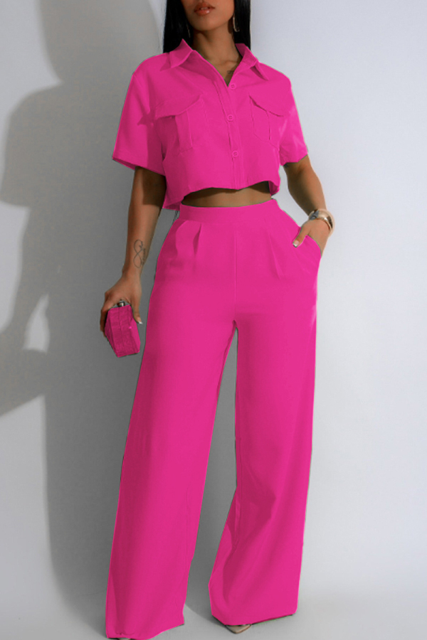 Rose Red Street Solid Patchwork Pocket Turndown Collar Short Sleeve Two Pieces