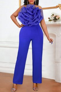 Blue Sexy Casual Solid Bandage Patchwork Backless Halter Skinny Jumpsuits