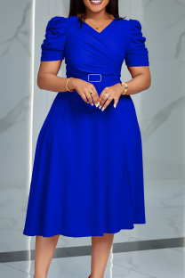 Blue Elegant Solid Patchwork Fold V Neck A Line Dresses