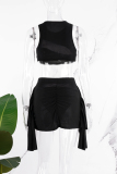 Black Sexy Casual Elegant Vacation Patchwork See-through Asymmetrical Sleeveless Two Pieces