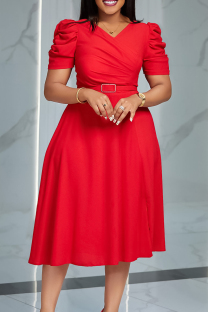 Red Elegant Solid Patchwork Fold V Neck A Line Dresses