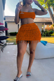 Orange Sexy Solid Lace Backless Cross Straps Weave Spaghetti Strap Sleeveless Two Pieces